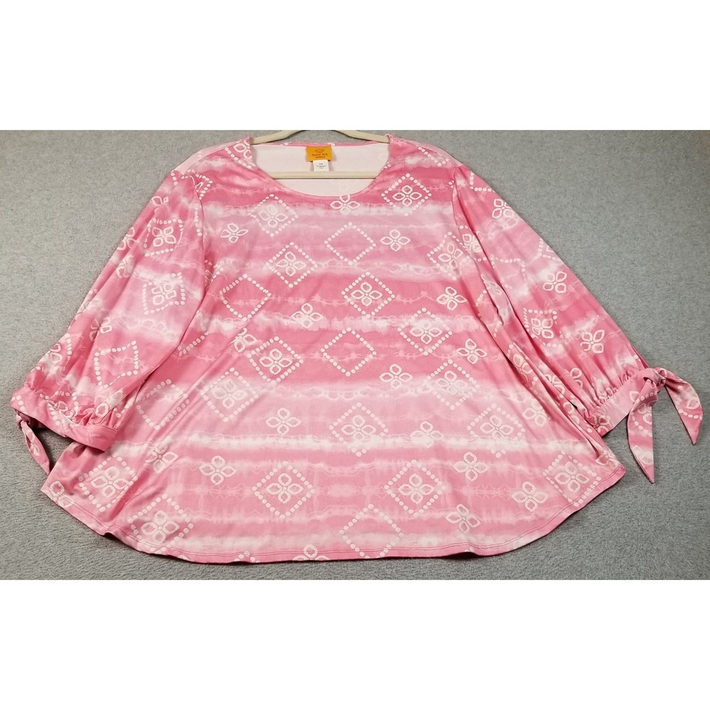 Ruby Rd Top Women's 2X Plus Pink White Tie Dye Geometric 3/4 Sleeves Tie Cuff